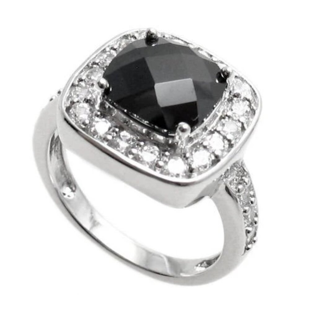 EXQUISITE SQUARE CUT BLACK OBSIDIAN COLORED CZ COCKTAIL RING IN STERLING SILVER.